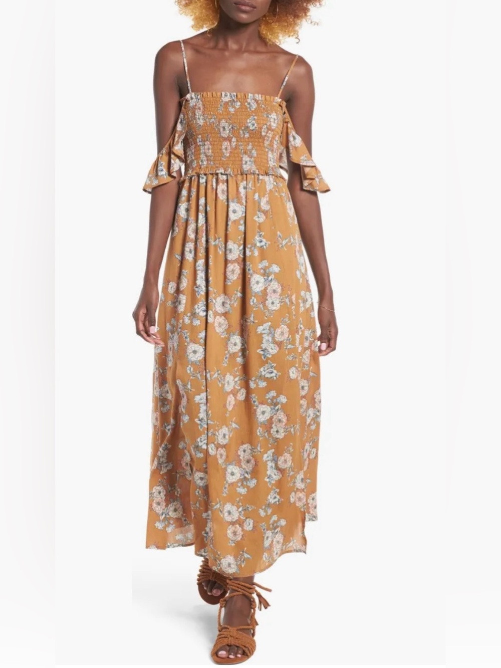 ASTR The Label Mustard Floral Smocked Maxi Dress
